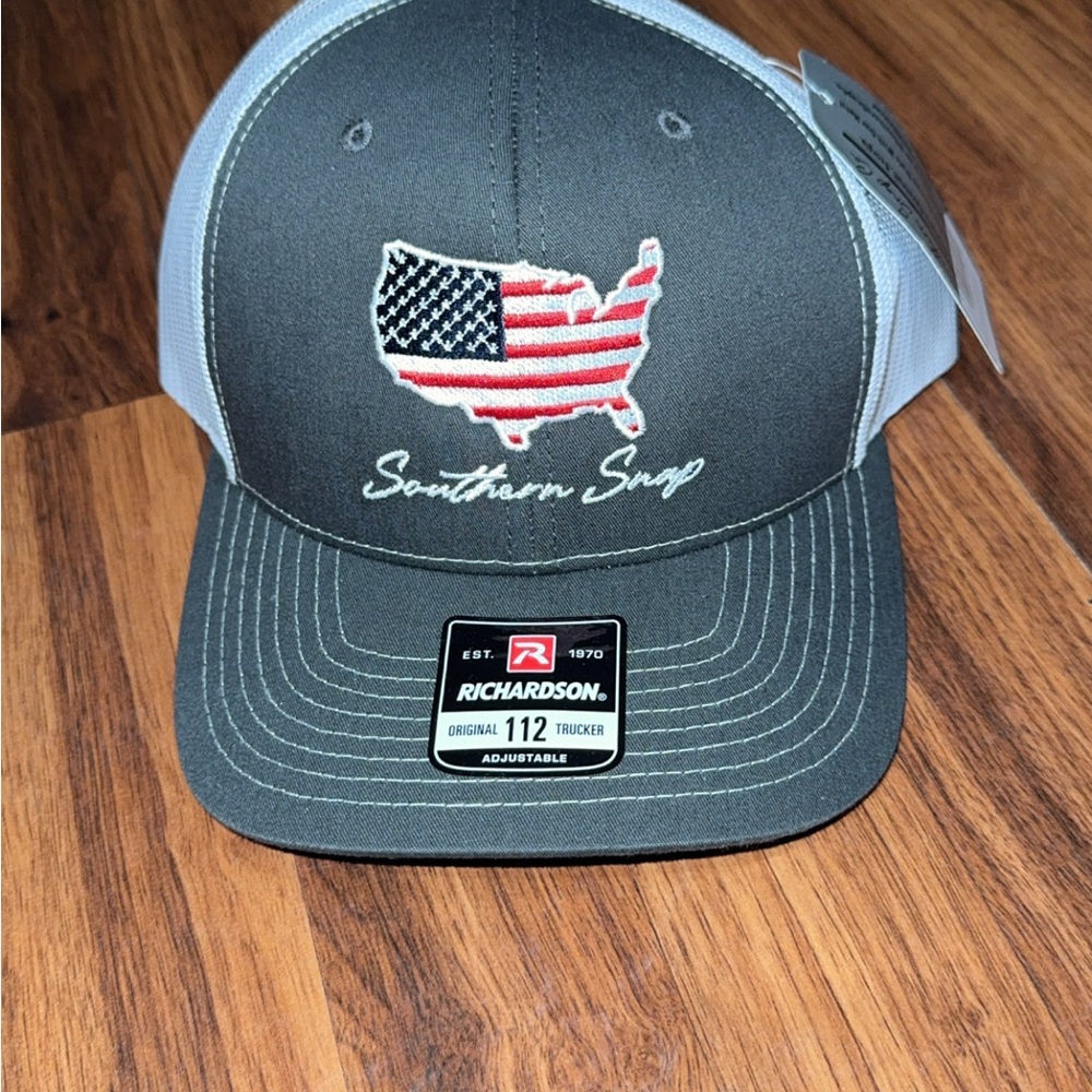 Gray and White Trucker Hat with USA Flag